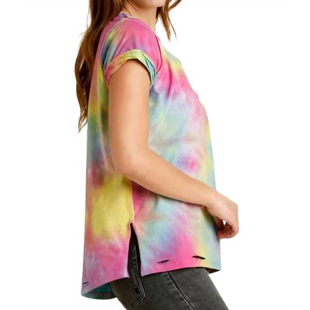 NEW UMGEE distressed tie dye top in pink/sky - Picture 3 of 6